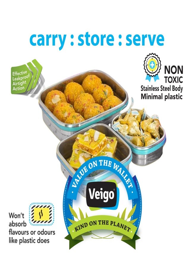 Veigo Celebration Steel Lunch Box Set (630ml + 330ml + 180ml) | Airtight & Leak-Proof Design for Spill-Free Meals | Perfect for School, Office, Travel & Outdoor Use | Ideal for Gifting| Aqua Blue - Image 4